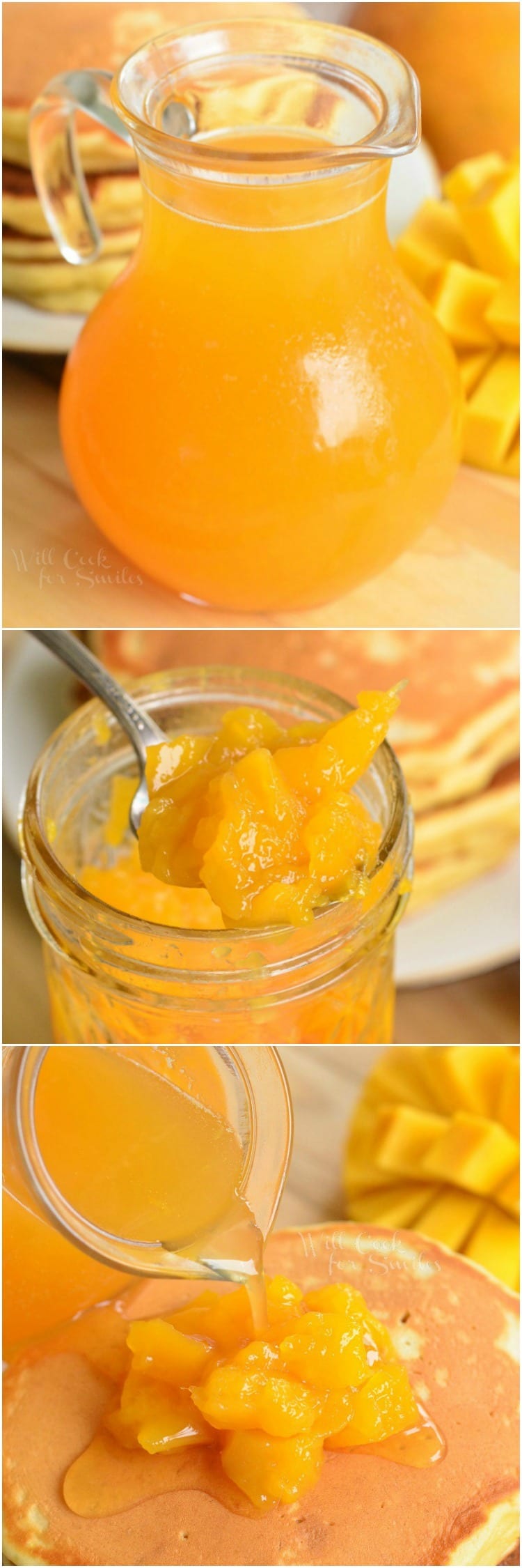 Mango Syrup in a glass jar, mango jam in a jar, last photo pouring mango over pancakes 