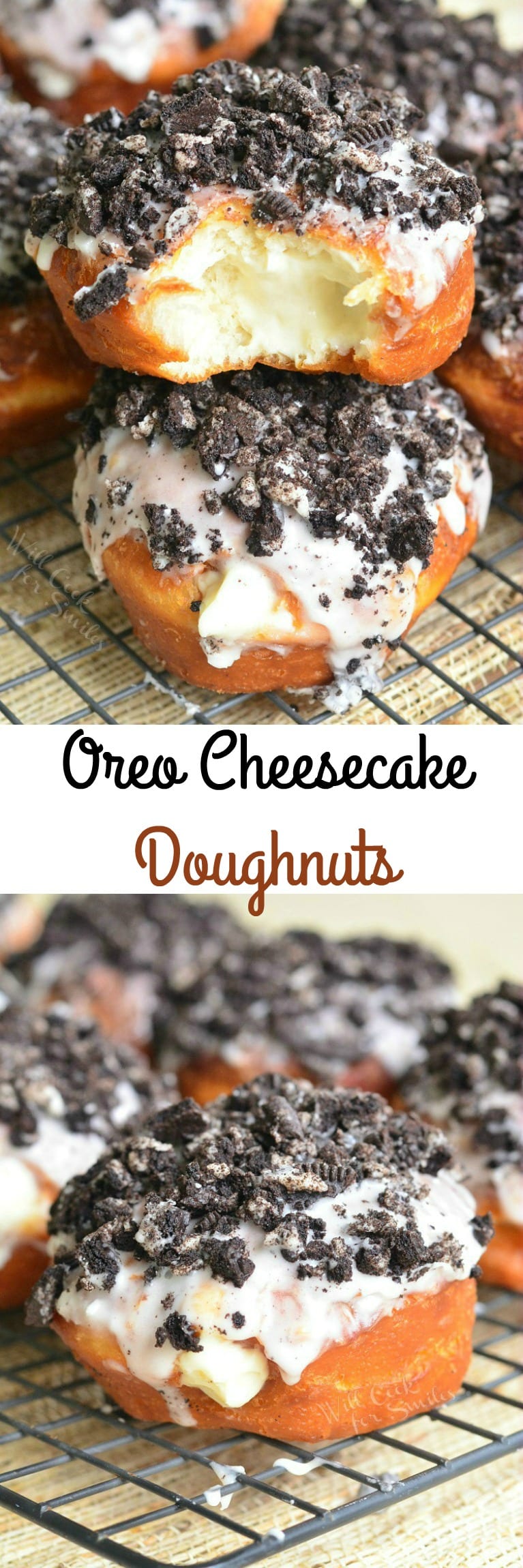 Oreo Cheesecake Doughnuts with crushed oreas on top on a cooling rack 