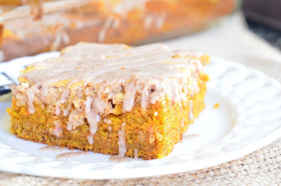 Spiced Cheesecake Swirled Carrot Cake on a white plate 