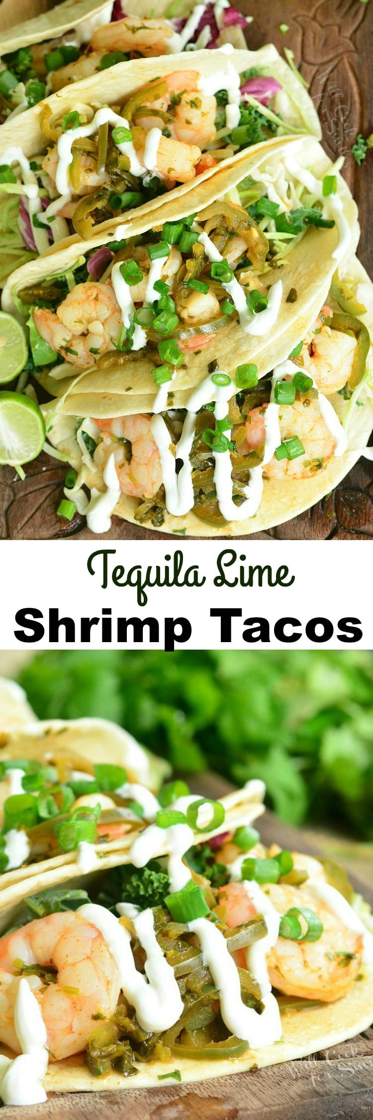 Top view of tequila Lime Shrimp Tacos with sour cream and green onions on top 