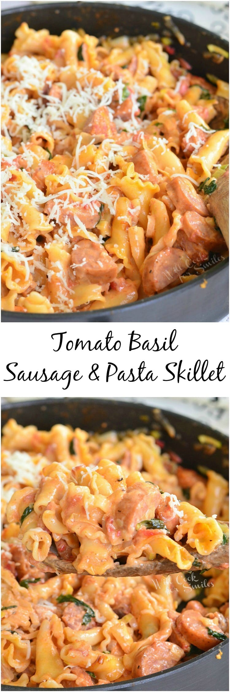 Tomato Basil Sausage and Pasta Skillet with cheese on top in a pan with a wooden spoon 