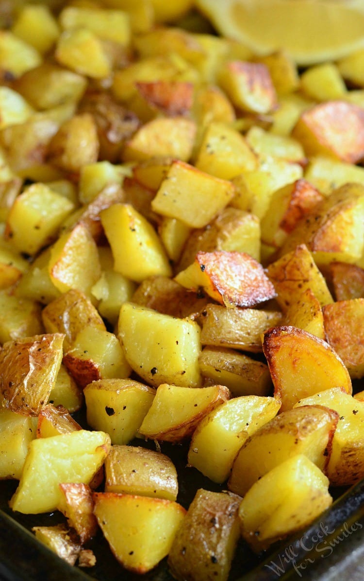 Truffle Lemon Pepper Roasted Potatoes on a baking dish 