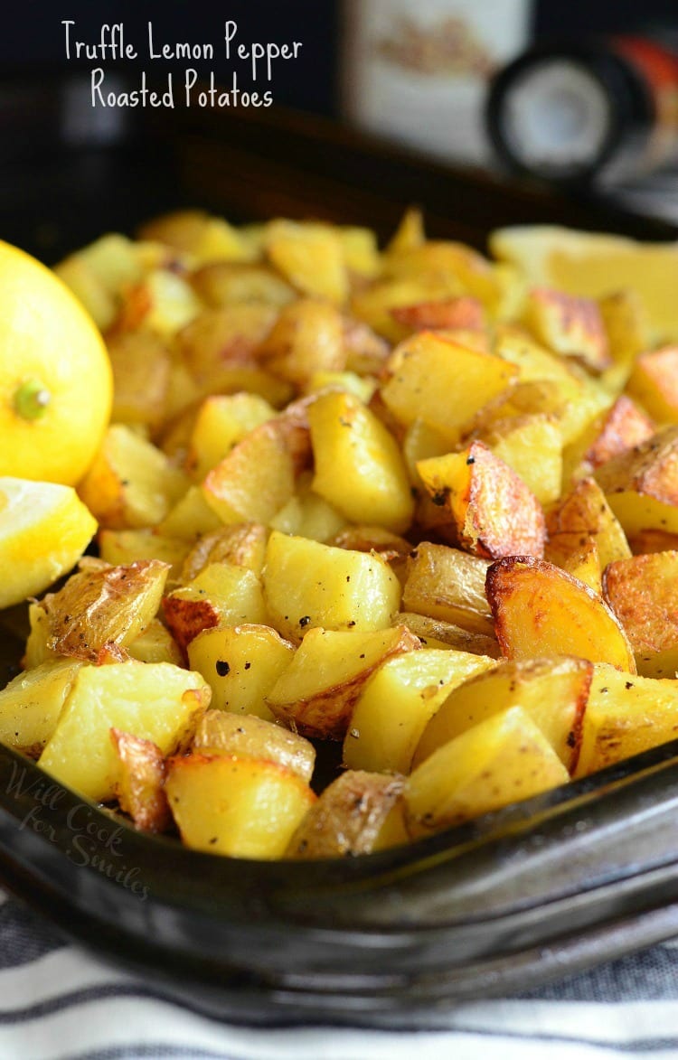 Truffle Lemon Pepper Roasted Potatoes on a baking sheet 