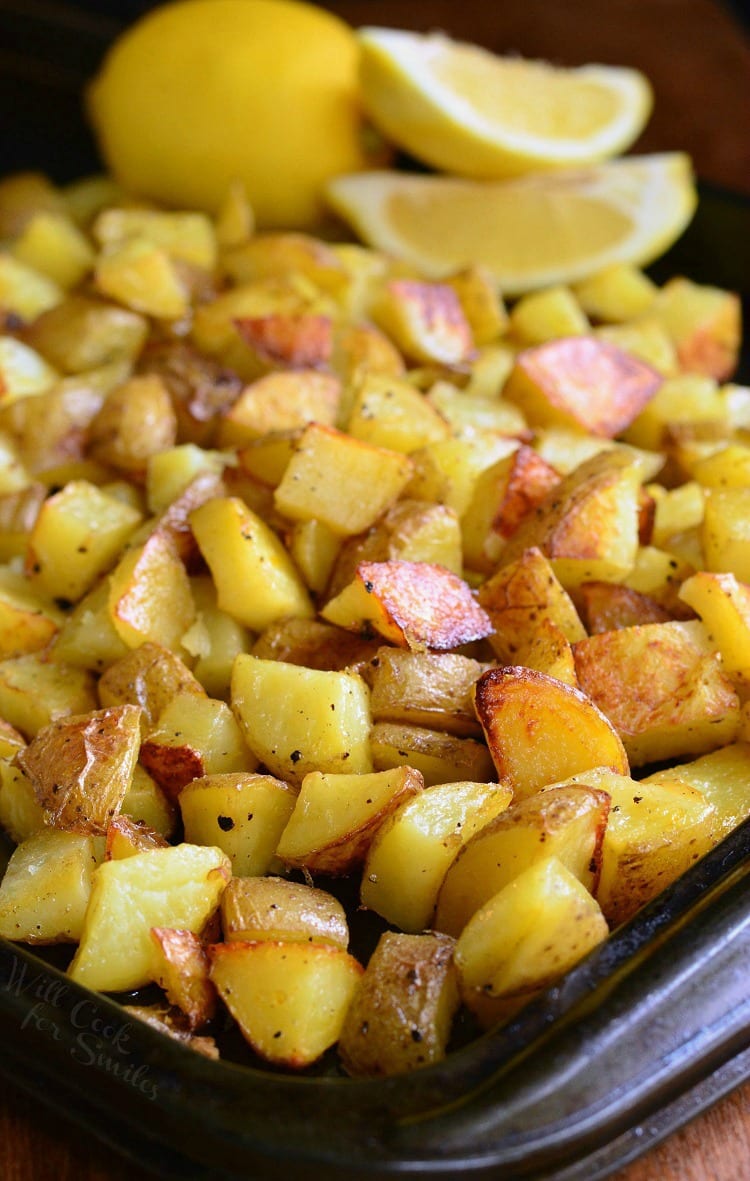 Truffle Lemon Pepper Roasted Potatoes on a baking sheet 