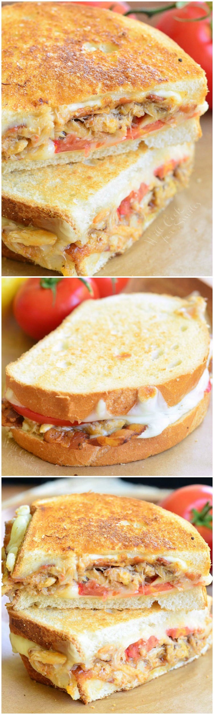 Collage top photo close up of Grilled Cheese cut in half on parchment paper, 2nd photo whole grilled cheese, last photo is grilled cheese cut in half  