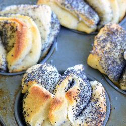 Baking cup cake pan with easy poppy seed pull apart muffins as viewed from above