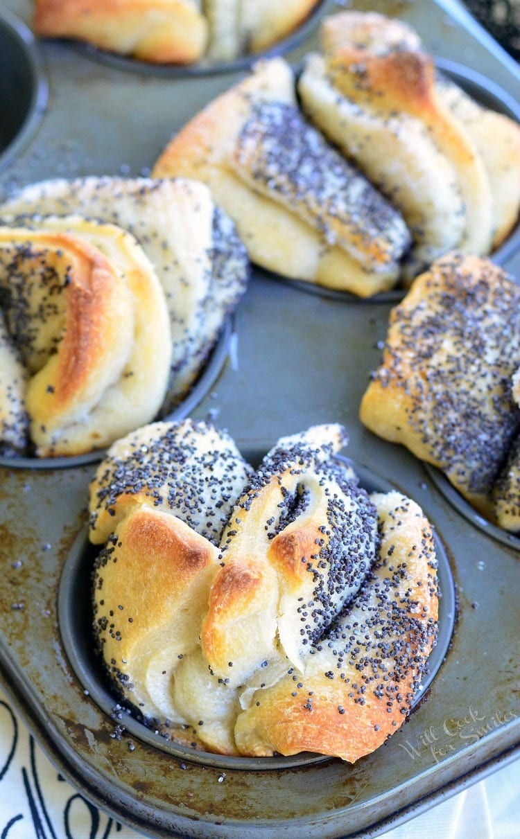 Baking cup cake pan with easy poppy seed pull apart muffins as viewed from above