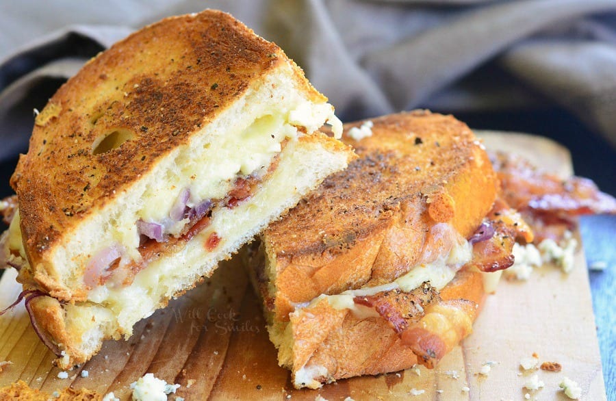 Pepper Bacon and Blue Grilled Cheese on cutting board 