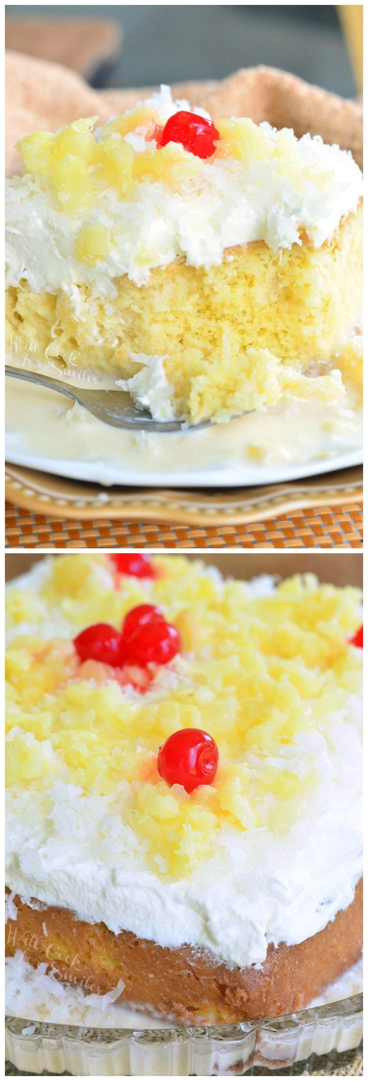 a slice of Tres Leches Cake with white coconut frosting, pineapple and a cherry on top with a fork with some cake on it 