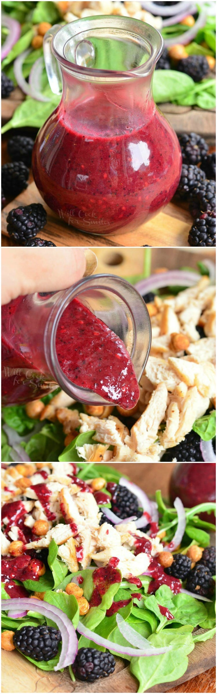 photo collage top photo of vinaigrette in a container, 2nd photo of vinaigrette being poured over salad, last phot of salad with vinaigrette 