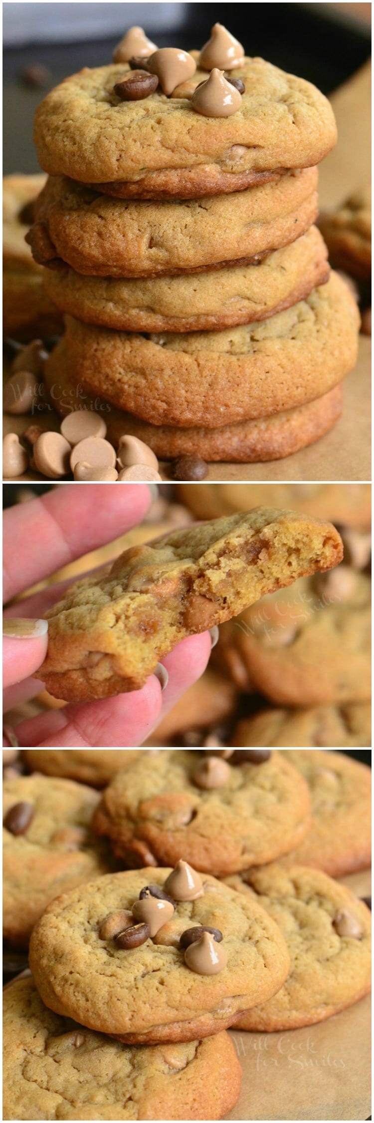 Cappuccino Cookies collage Cappuccino Cookies stacked up on parchment paper with chocolate chips and cappuccino chips around it 