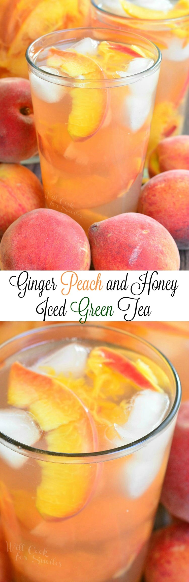 Ginger Peach and Honey Iced Green Tea in a glass with sliced peaches and ice on a table with peaches around it 