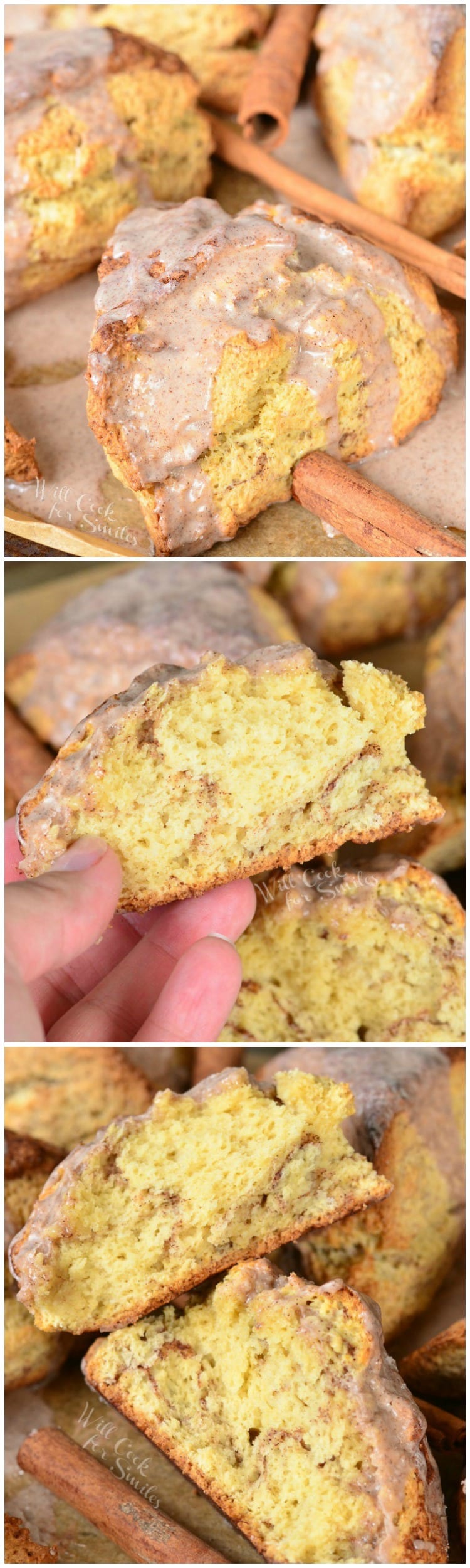 collage top photo Glazed Cinnamon Swirled Scones on parchment paper with cinnamon sticks around it middle photo holding scone, bottom photo scone cut in half 