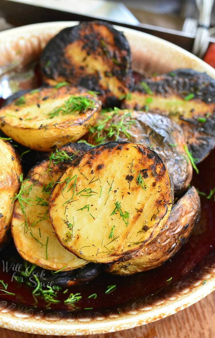 Herbed Grilled Potatoes in a brown bowl 