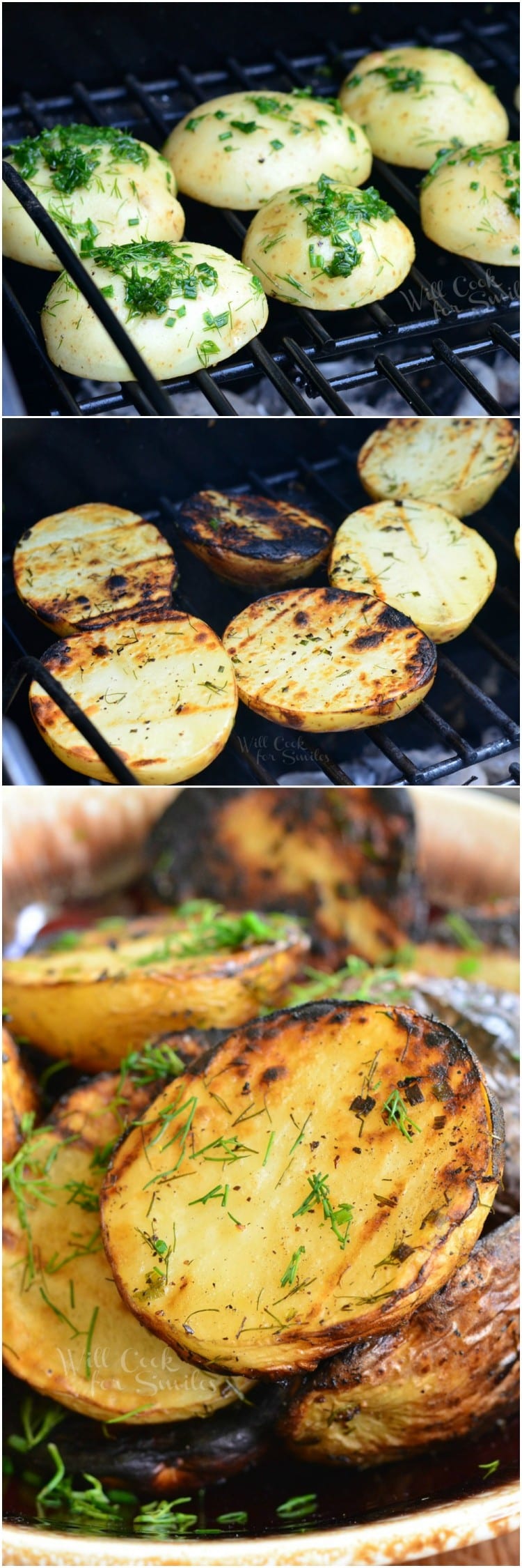steps to make potatoes collage 1st phot potatoes cut in half cut side down on grill, 2nd photo potatoes cut side up on grill, 3rd photo potatoes in a bowl 