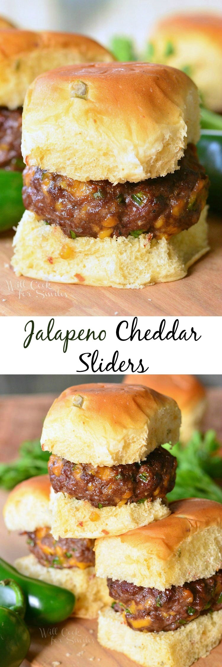 Jalapeno Cheddar Sliders on a bun on a wood table 