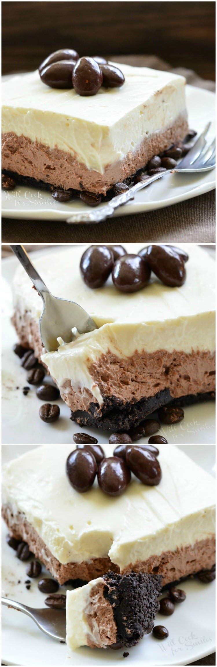 Layered Chocolate Espresso Cheesecake Dessert with chocolate covered espresso beans on top on a white plate with a fork to the left 