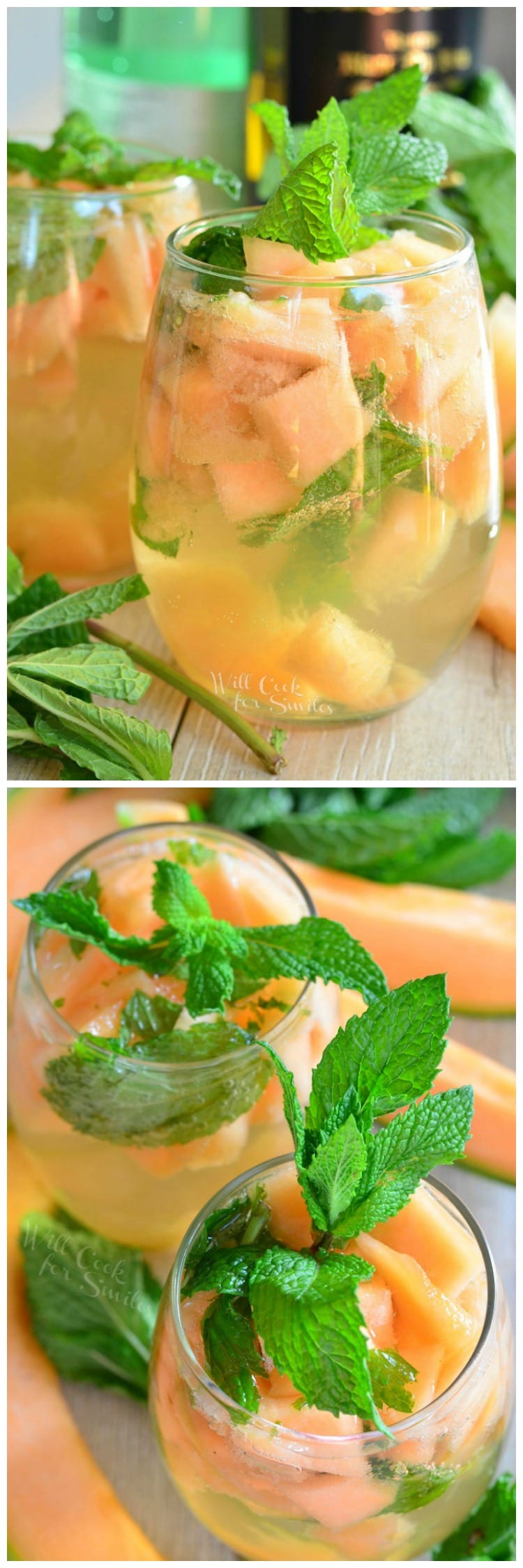 Melon Mint Wine Spritzer with cantaloupe and mint in a stemless wine glass with mint on top as a garnish