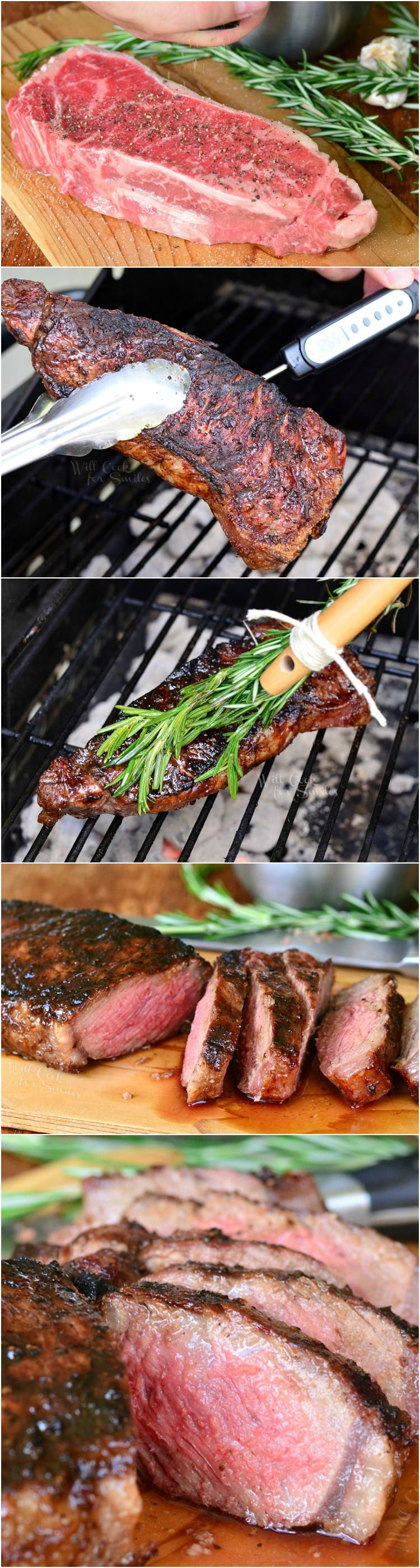 long collage of the photos of steps to cook the steak on the grill. 