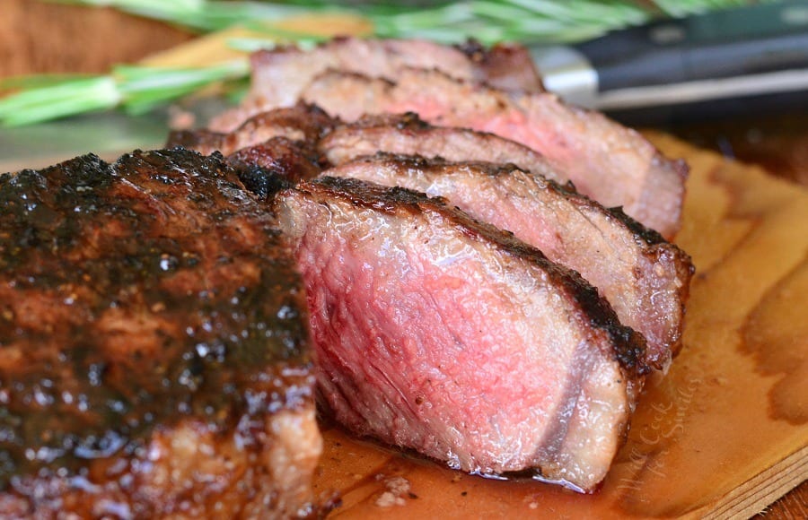 closeup of sliced steak milk in the middle