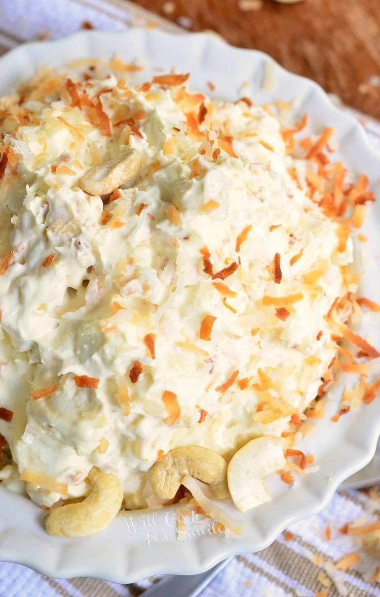 top view of Toasted Coconut Cashew Fluff Salad in a bowl