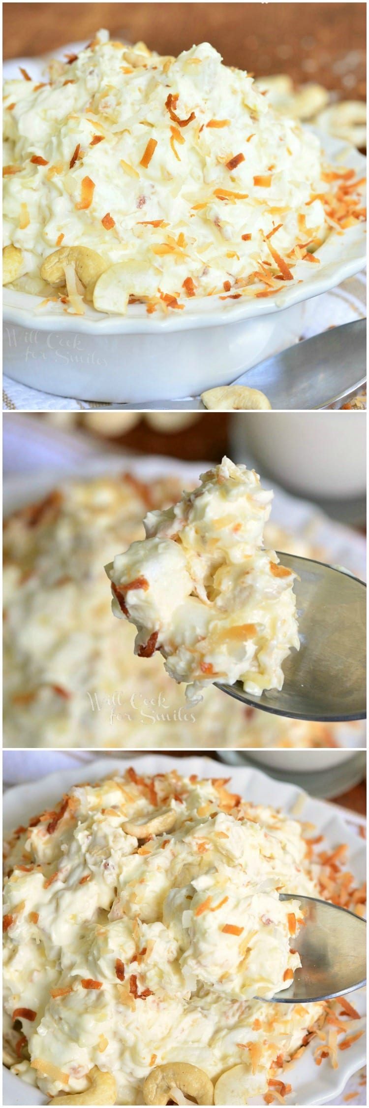 collage 1st photo Fluff Salad in a bowl, 2nd photo spoon lifting out fluff salad, 3rd fluff salad in a bowl with a spoon 