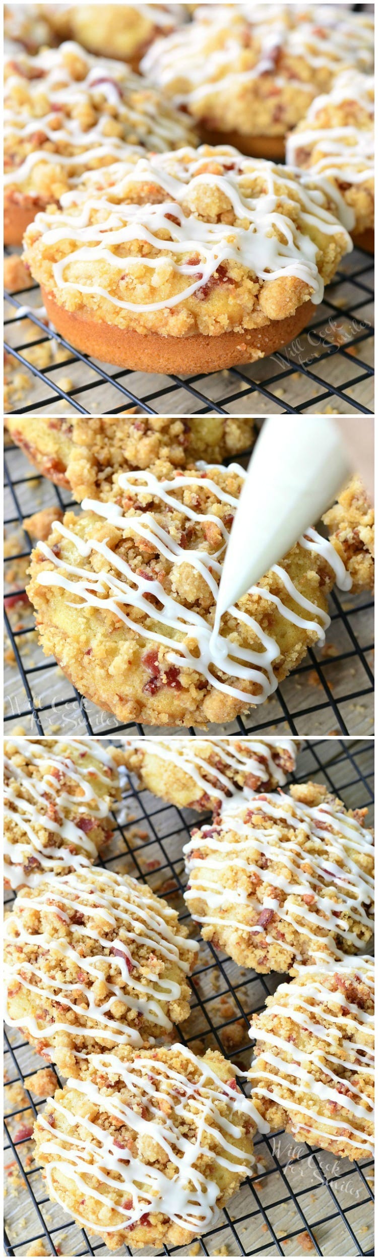 Collage of steps to make bacon Crumb Doughnuts