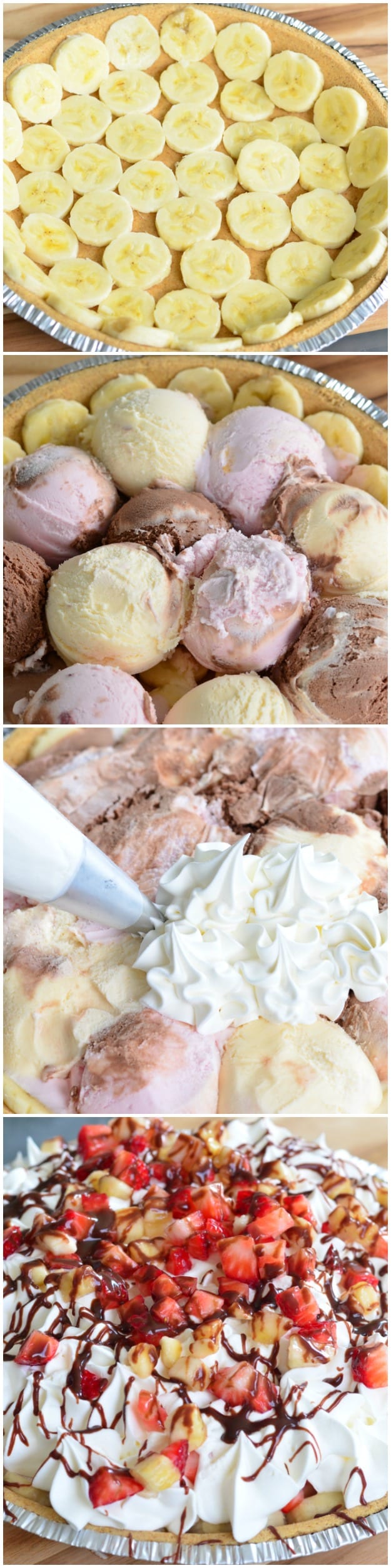 steps collage 1st photo bananas on top of pie crust, 2nd photo ice cream scoops in a pie tin, 3rd photo whipped cream being pipped onto pie, last photo of completed pie 
