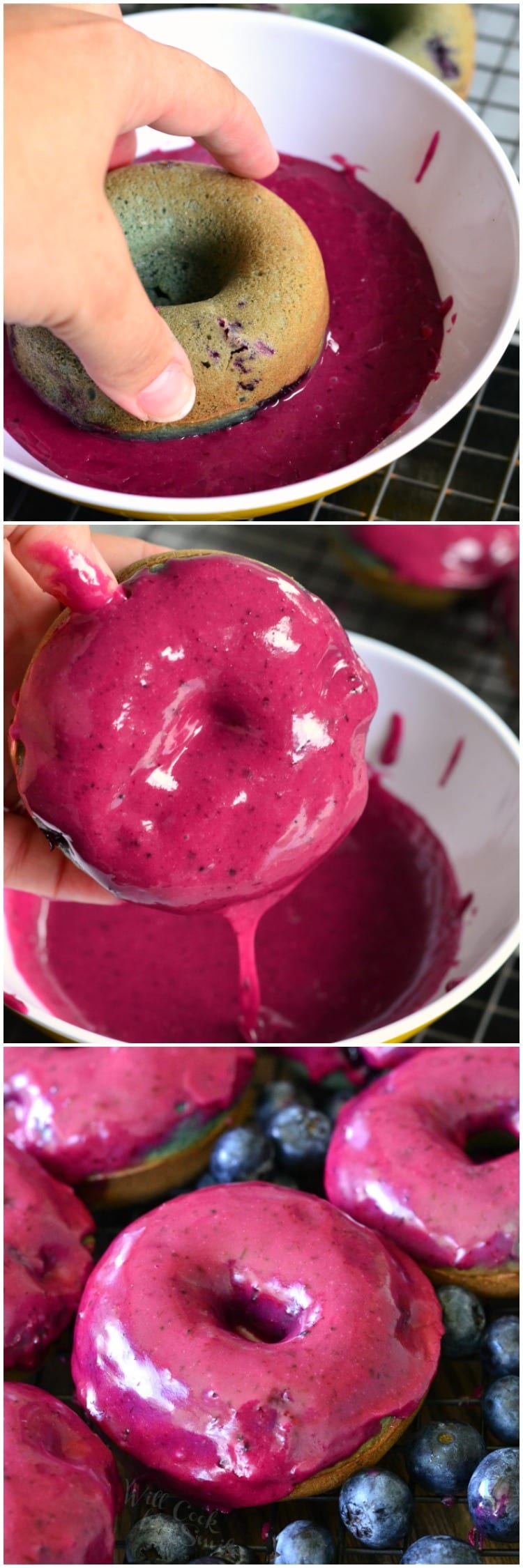 dipping Blueberry Doughnuts in bowl of Blueberry Cream Whiskey Glaze. 