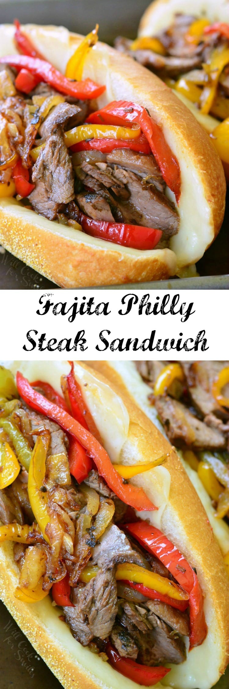 Fajita Philly Steak Sandwich with steak, red and yellow bell peppers, with onions on a hoagie roll collagel.