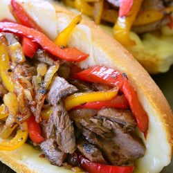 Fajita philly steak sandwich on a baking sheet tray