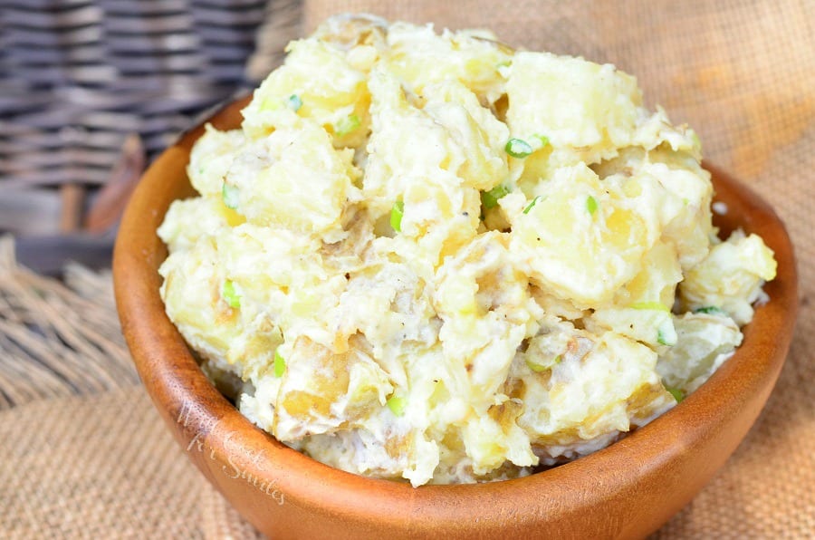 potato salad in a wood bowl 