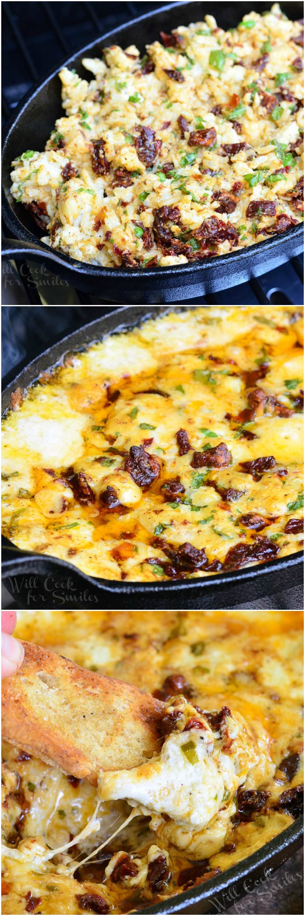 Smokey Sun-Dried Tomato and Basil Mozzarella Dip in a cast iron pan collage