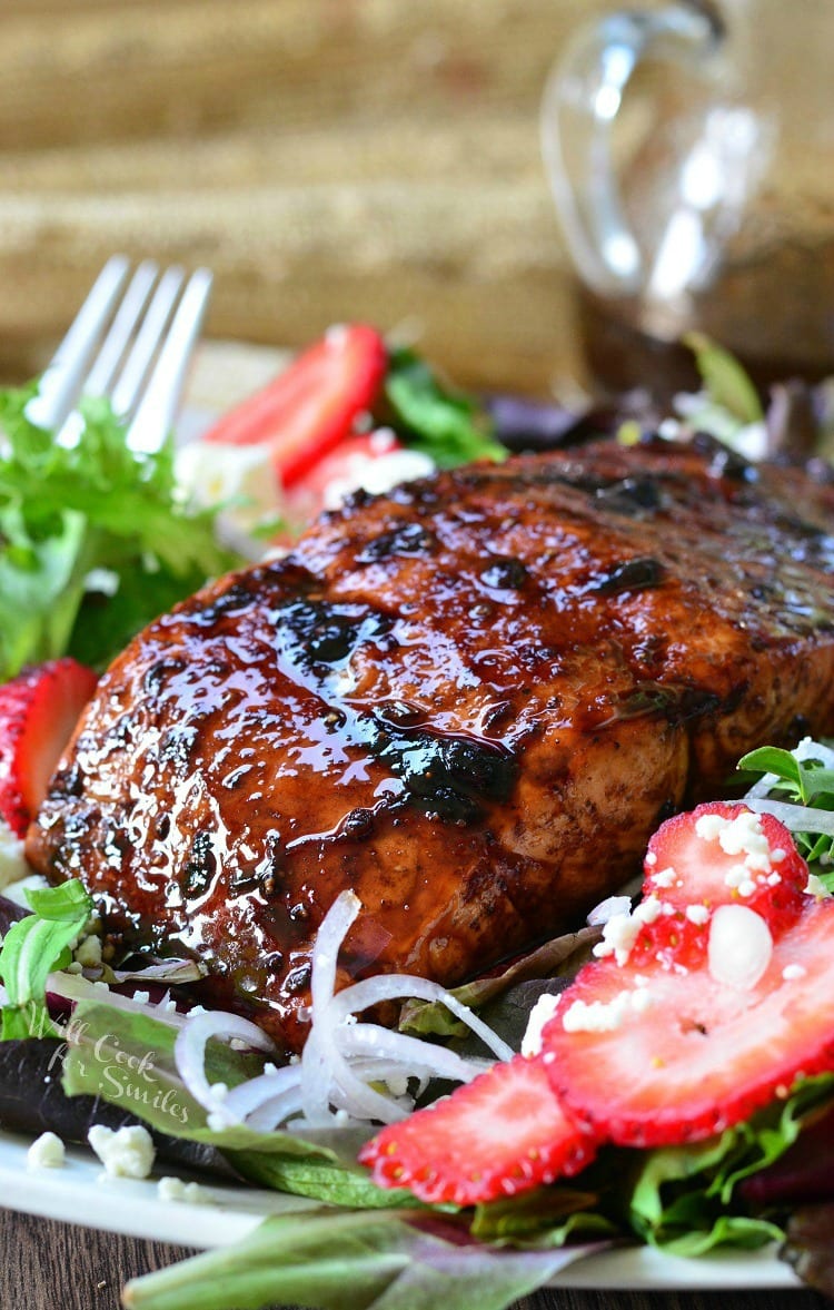 Strawberry Balsamic Glazed Salmon Salmon on a white plate 