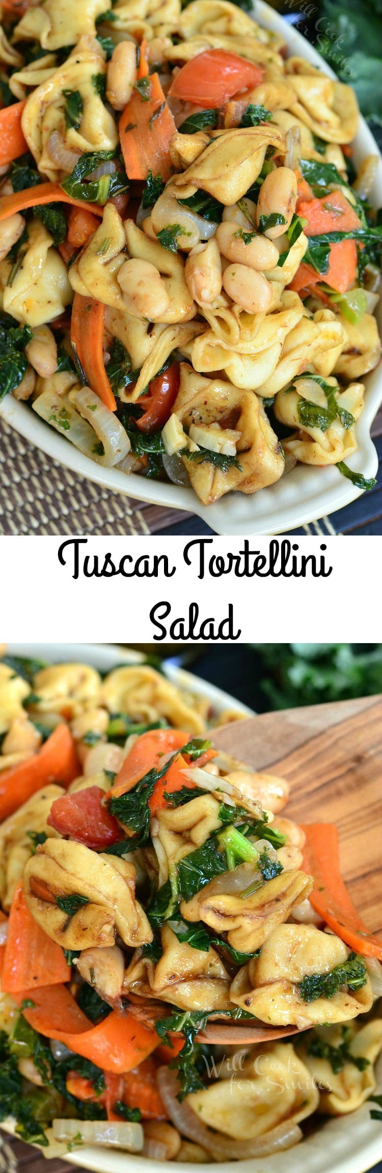 Collage Top Photo Tortellini pasta with carrots, onions, tomato in a yellow bowl bottom photo with a wooden spoon scooping some out 