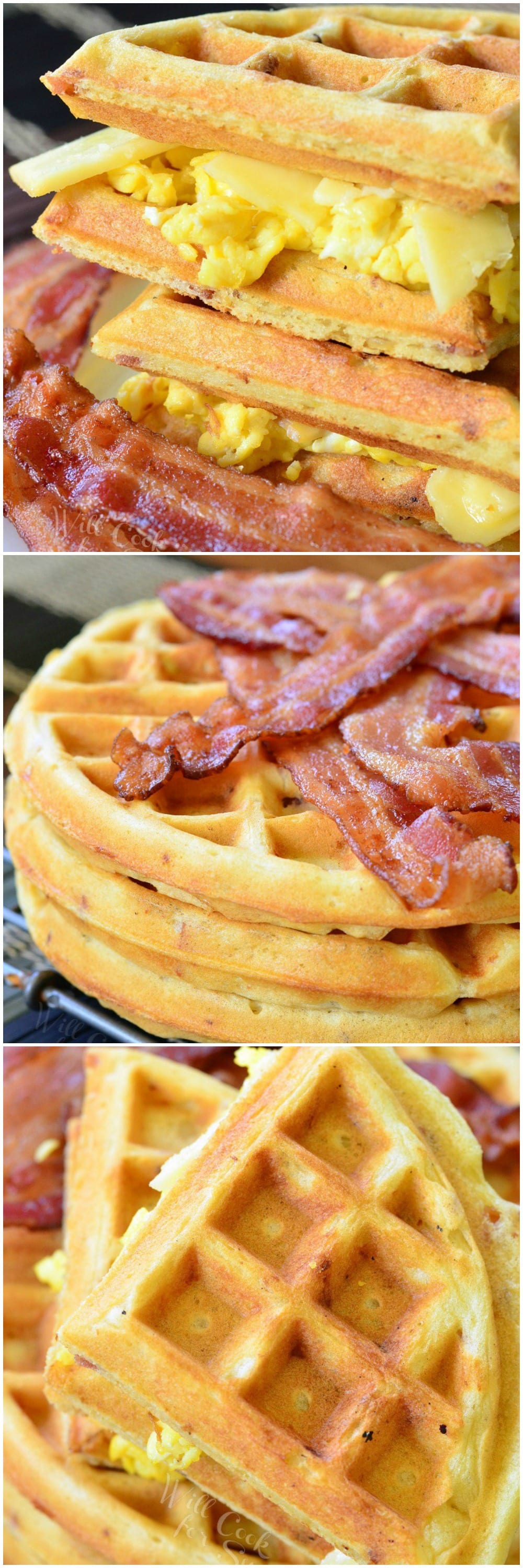 Waffle Breakfast Sandwich with Savory Bacon Waffles collage 