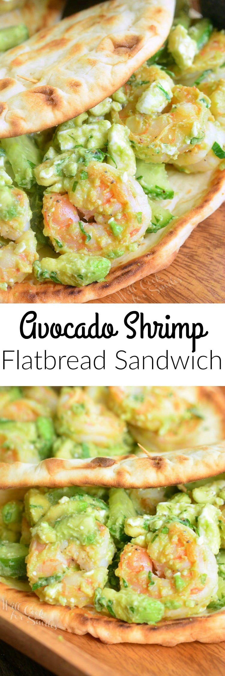 Avocado Shrimp Flatbread Sandwich on a cutting board collage 
