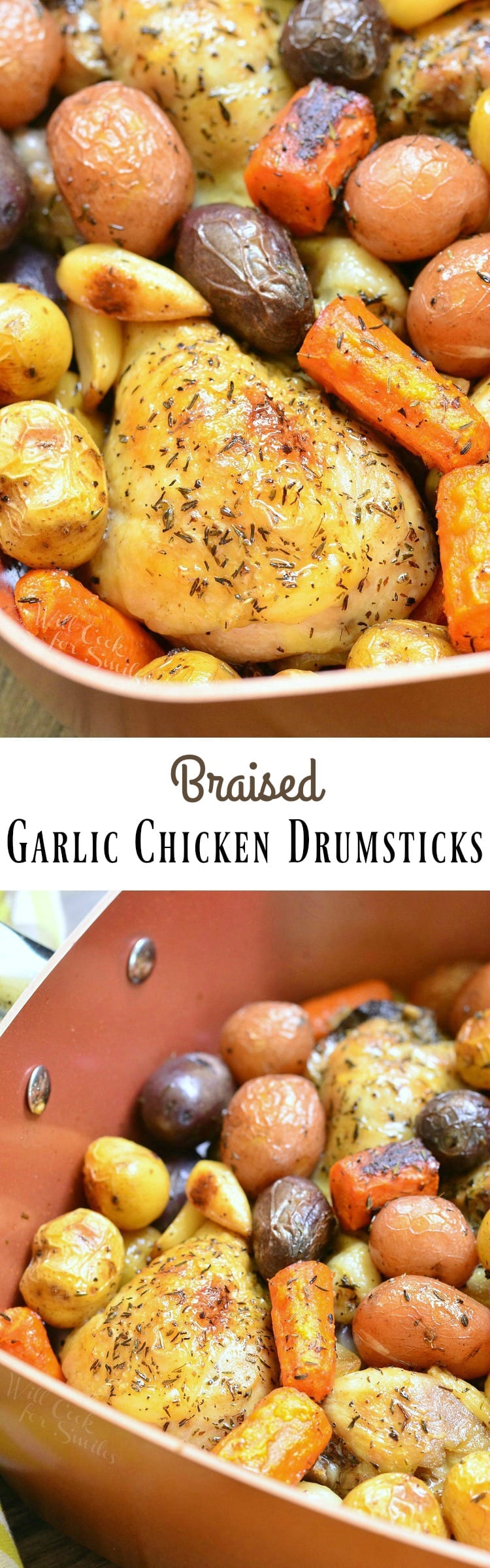 Chicken Drumsticks, garlic, potatoes, and carrots in a pan collage 