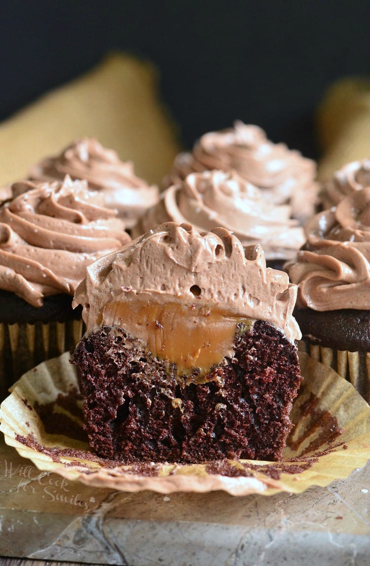 Chocolate Cupcakes with Salted Chocolate cut in half so you can see the inside 