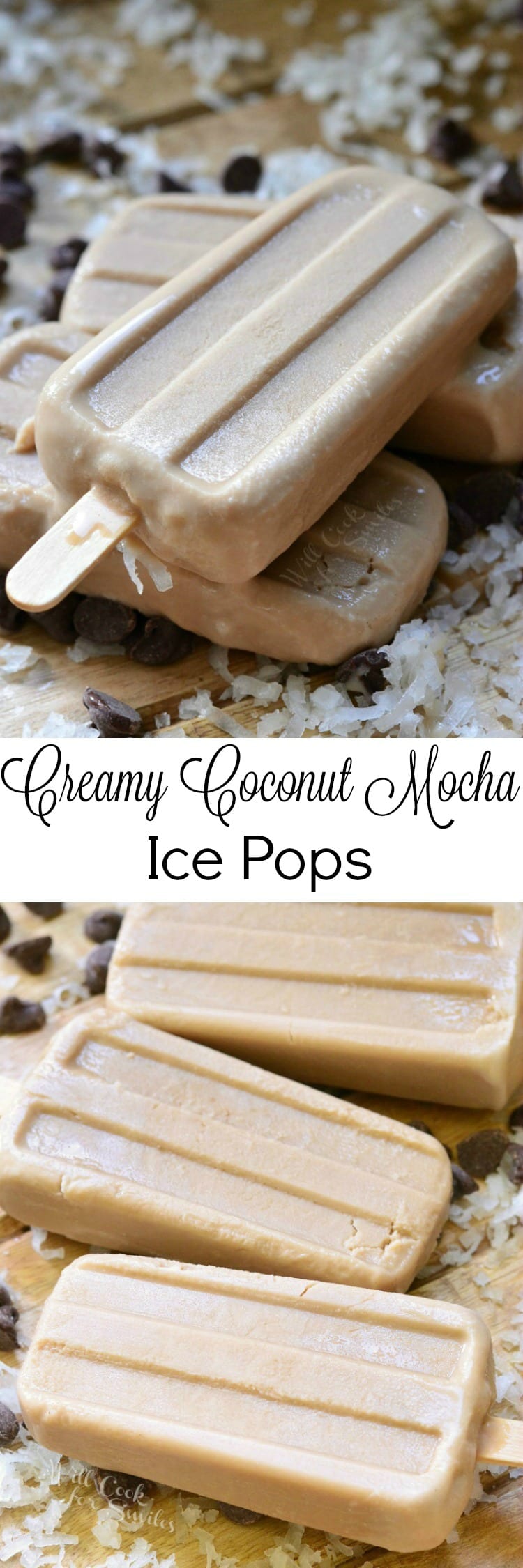 Coconut Mocha Ice Pops stacked up on a cutting board with coconut flakes and chocolate chips collage