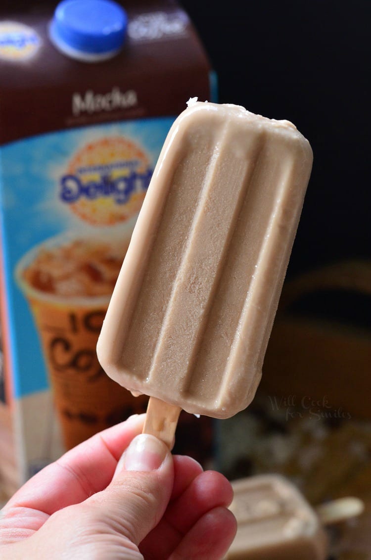 holding a Coconut Mocha Ice Pops with a carton of delight creamer in the background 