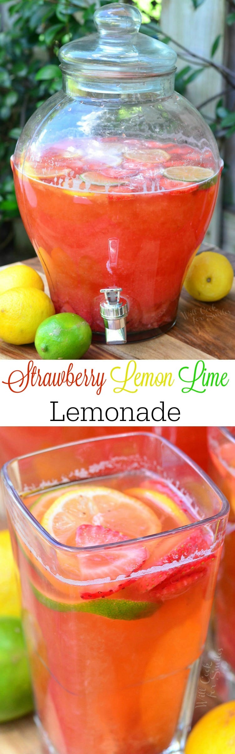 Strawberry Lemon Lime Lemonade in a clear glass with slices lemons, limes, and strawberries in it as garnish on a cutting board with lemons and lime around it collage