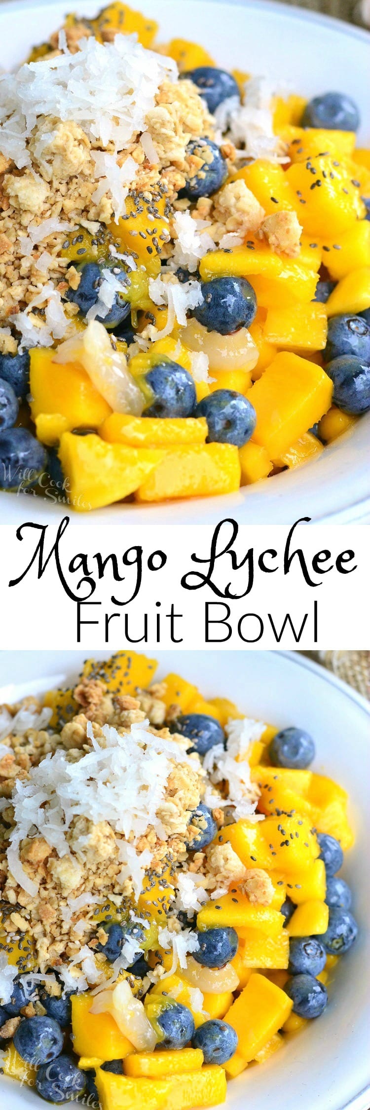 Mango, Lychee, and Blueberry with granola and coconut flakes on top in a bowl two collage
