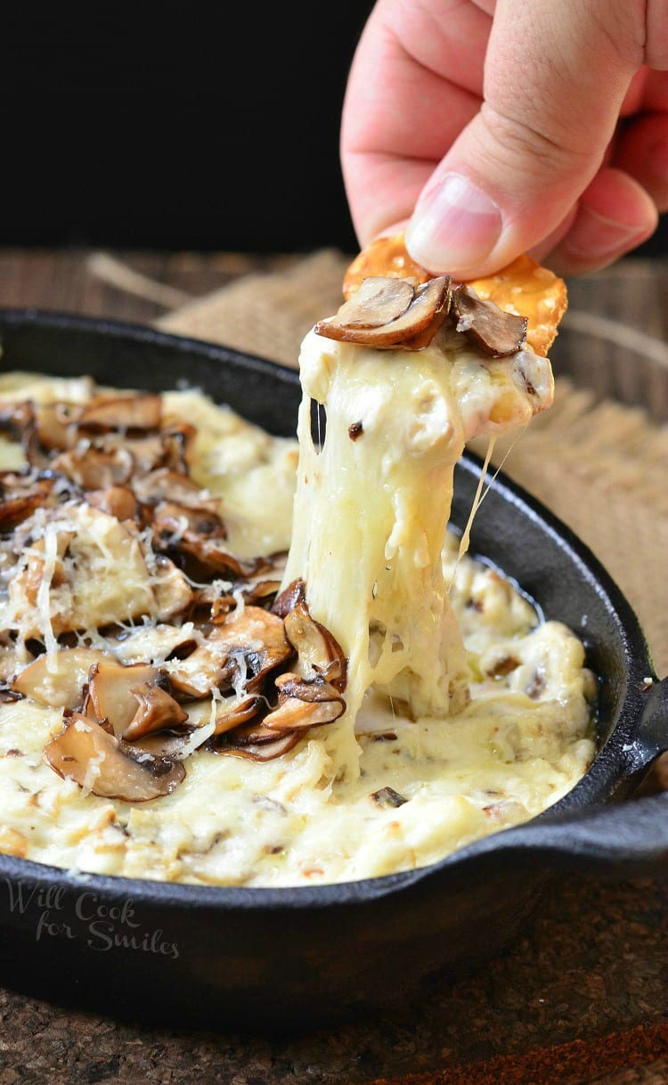 Mushroom Leek and Gruyere Cheese Dip in a pan with a pretzel 