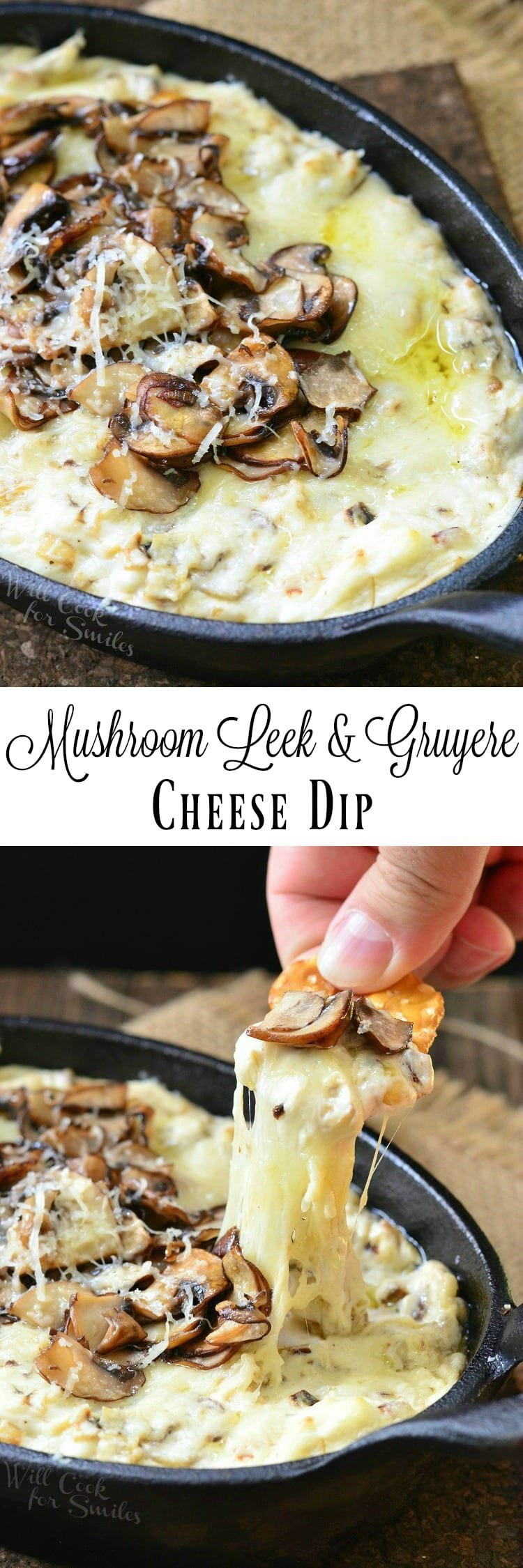 dipping a pretzel into Mushroom Leek and Gruyere Cheese Dip with mushrooms on the top in a cast iron pan collage
