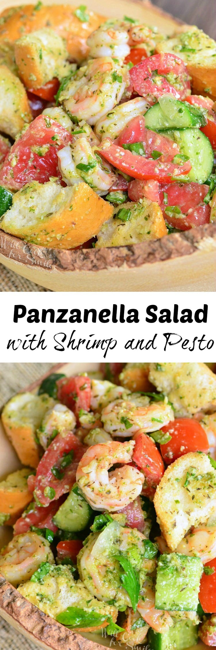 Panzanella Salad with Shrimp, tomato, and cucumber, and bread with Pesto in a bowl  collage 