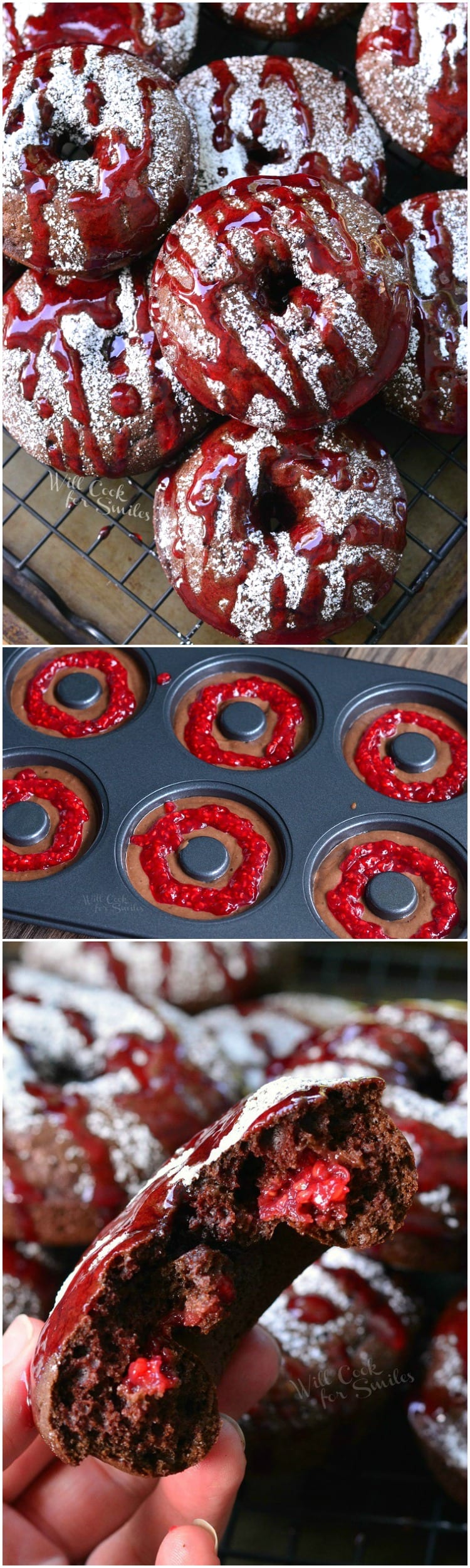 Raspberry Chocolate Doughnuts on a cooling rack with powdered sugar and raspberry sauce over the top of them on a cooling rack collage