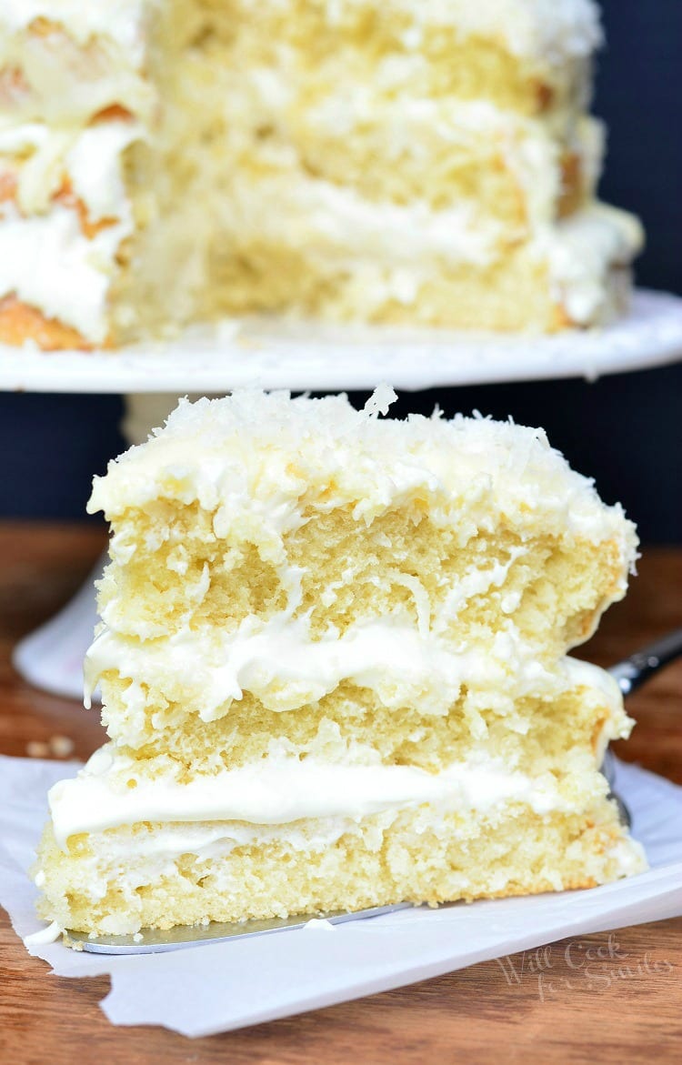 White Chocolate Coconut Cake on a table 