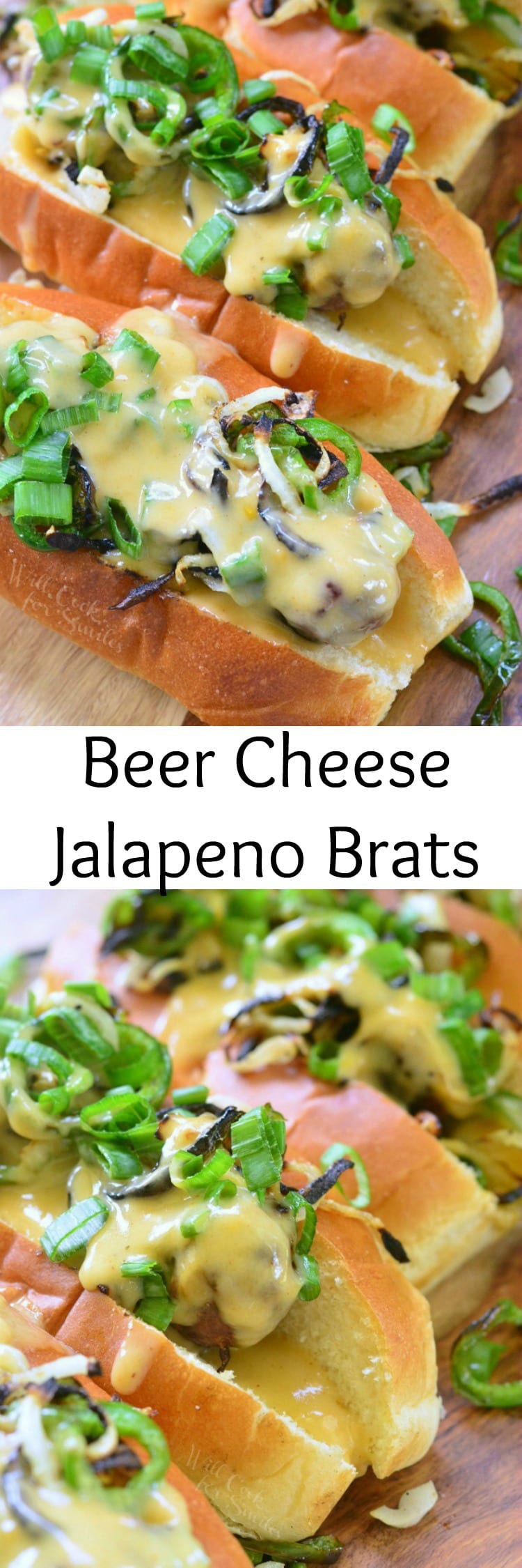Brats in a bun with cheese sauce onions, green peppers, and green onions on top collage