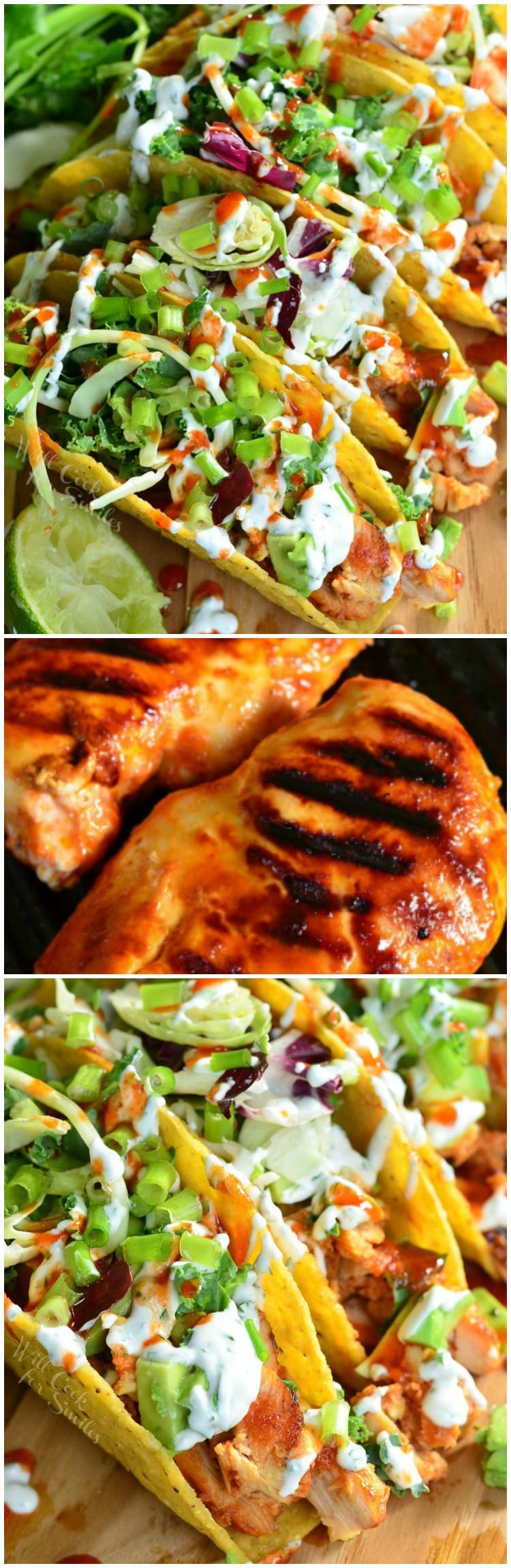 3 picture collage of sweet and spicey siracha chicken tacos on a wooden cutting board with limes and avocado halves around them